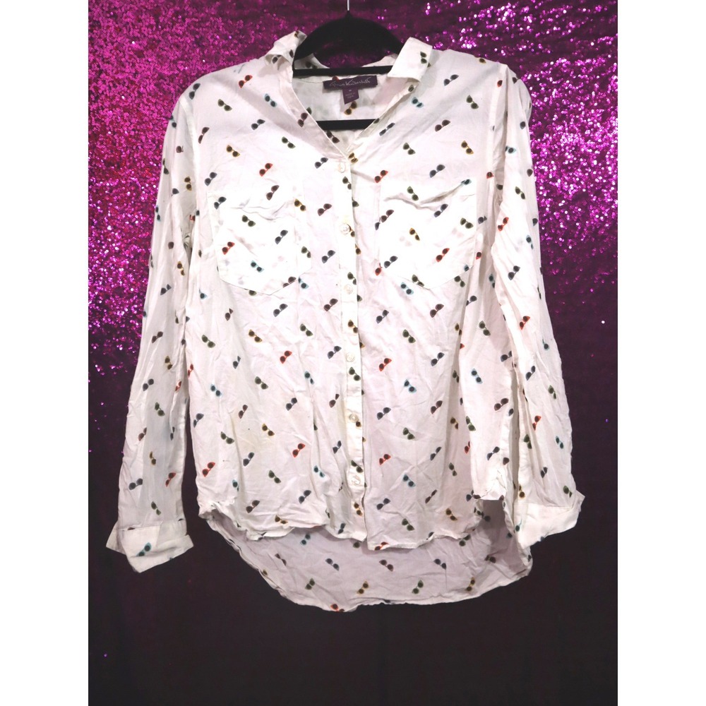 White Button Down Medium Gloria Vanderbilt Womens Sunglasses Print Roll Tab Top